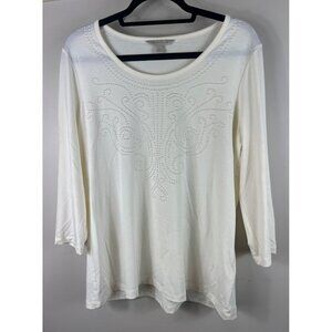 Laura Ashley Top White Beaded Design Long Sleeve Large